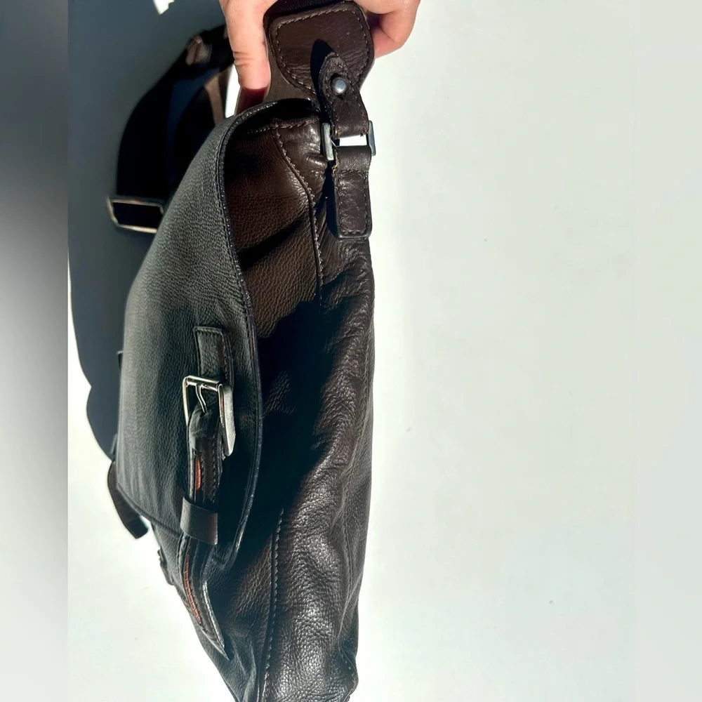 A. Testoni Men's Dark Brown Leather Crossbody Messenger Work Bag, 12.5”x14”